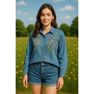 New Direction Women's XL Embroidered Safari Animals Button Up Blue Denim India
